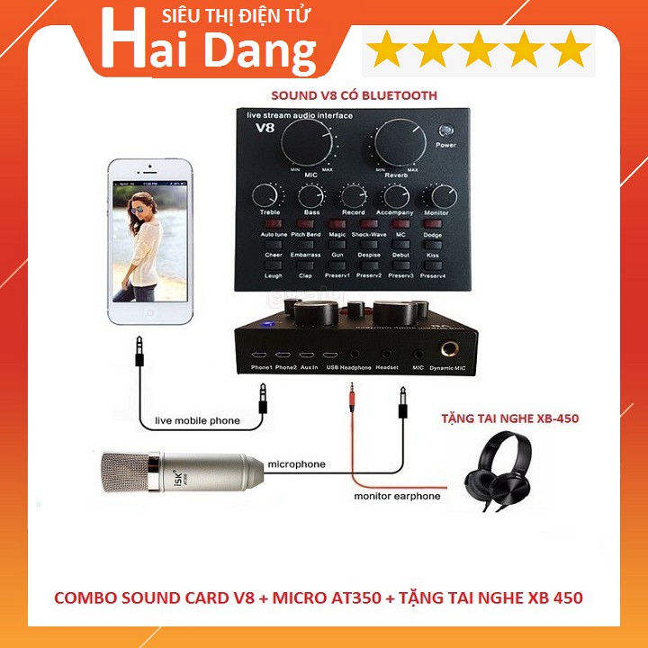 Combo Soundcard V8 Bluetooth + Mic Karaoke Livetream AT 350 Tặng Tai Nghe XB-450 Hát Karaoke Livetream