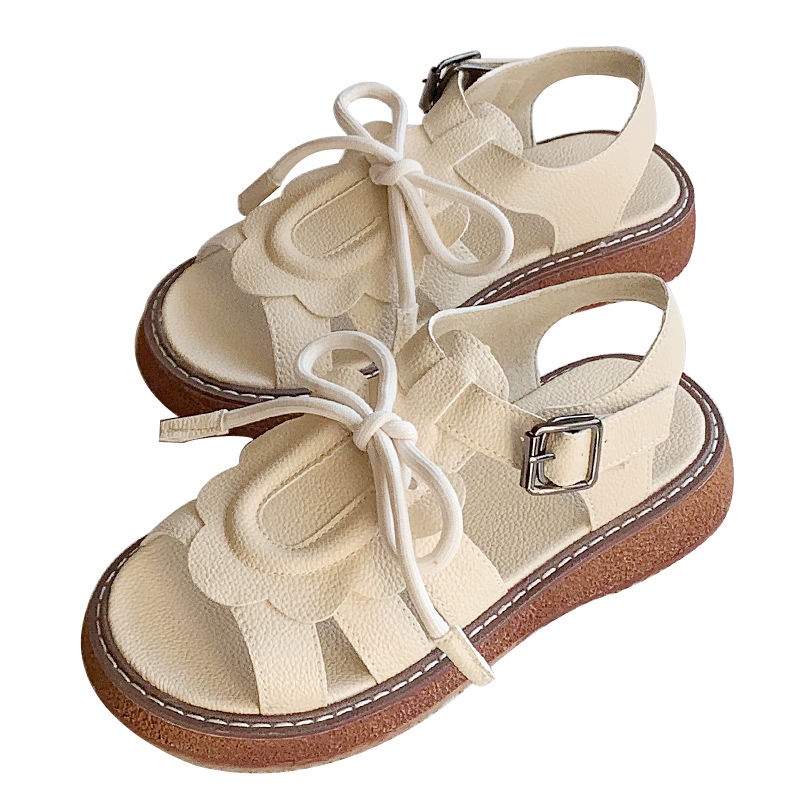 Giày Sandal Đế Dày Mũi Tròn Hở Ngón Dễ Thương Phong Cách Retro Mùa Hè