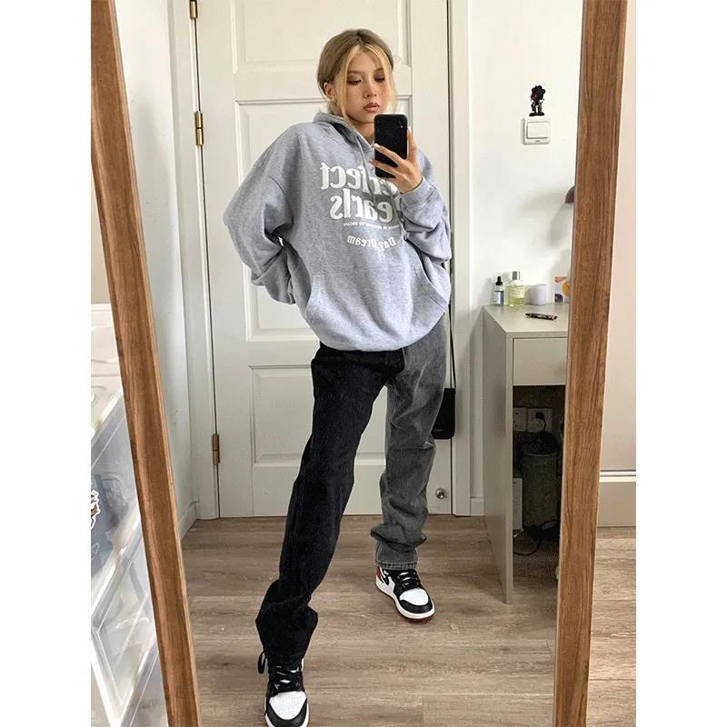 American Style European and American style fried street high waist straight loose slimming color matching smoky gray jeans women's autumn and winter trousers ins fashion ccHD
