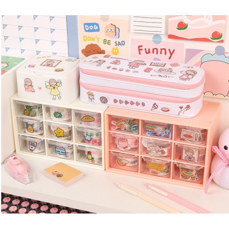 Tủ Nhựa Mini 6 Ngăn/ Hộp Đựng Đồ Trang Điểm Để Bàn, Kệ Trang Trí Sticker Siêu Xinh( note màu ở ghi chú)