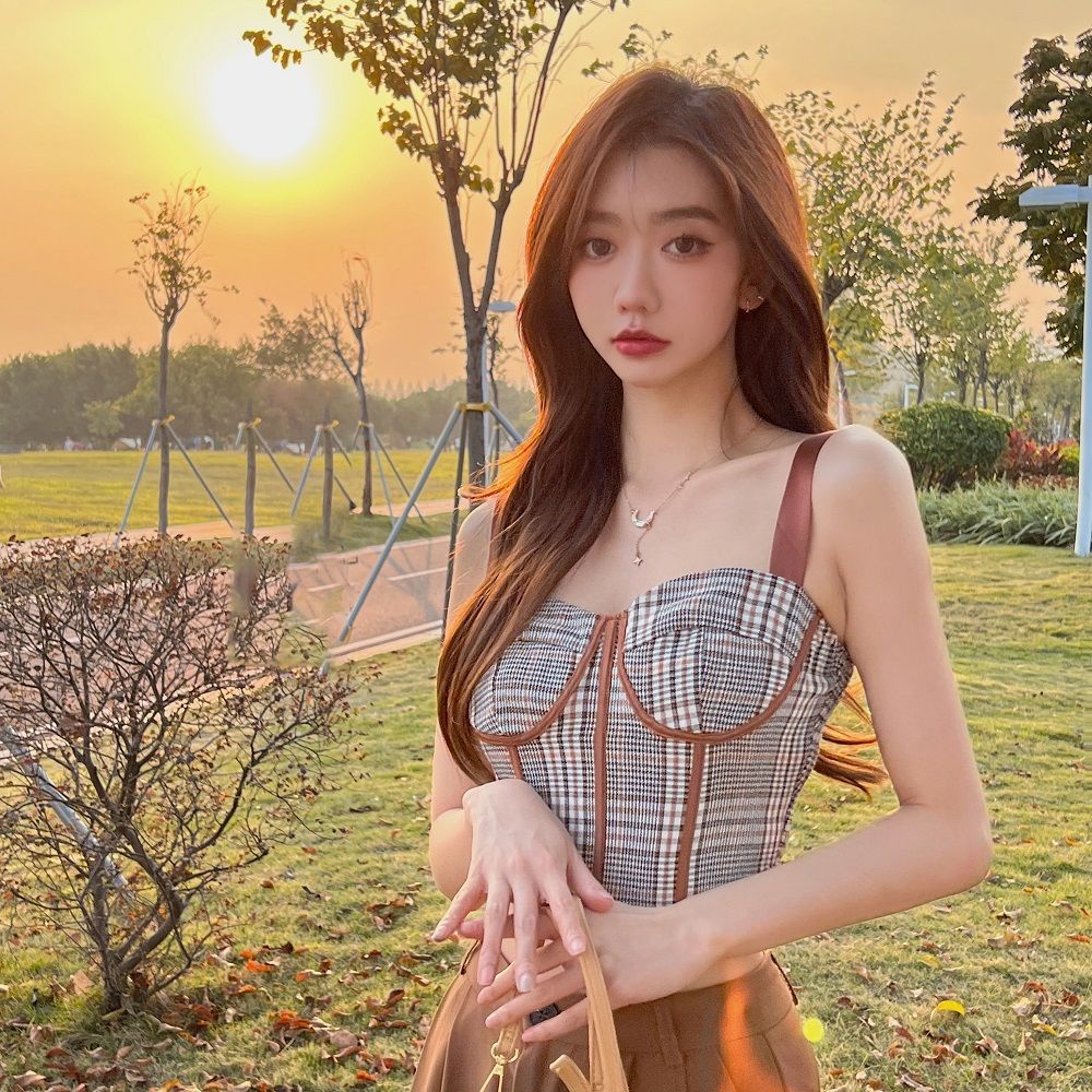Jiashucheng Áo Nịt Eo Ngắn Ôm Dáng Eo Hẹp Dây Đeo Bên Trong Kẻ Caro Cao Cấp Phong Cách Âu Mỹ Retro Mùa Xuân