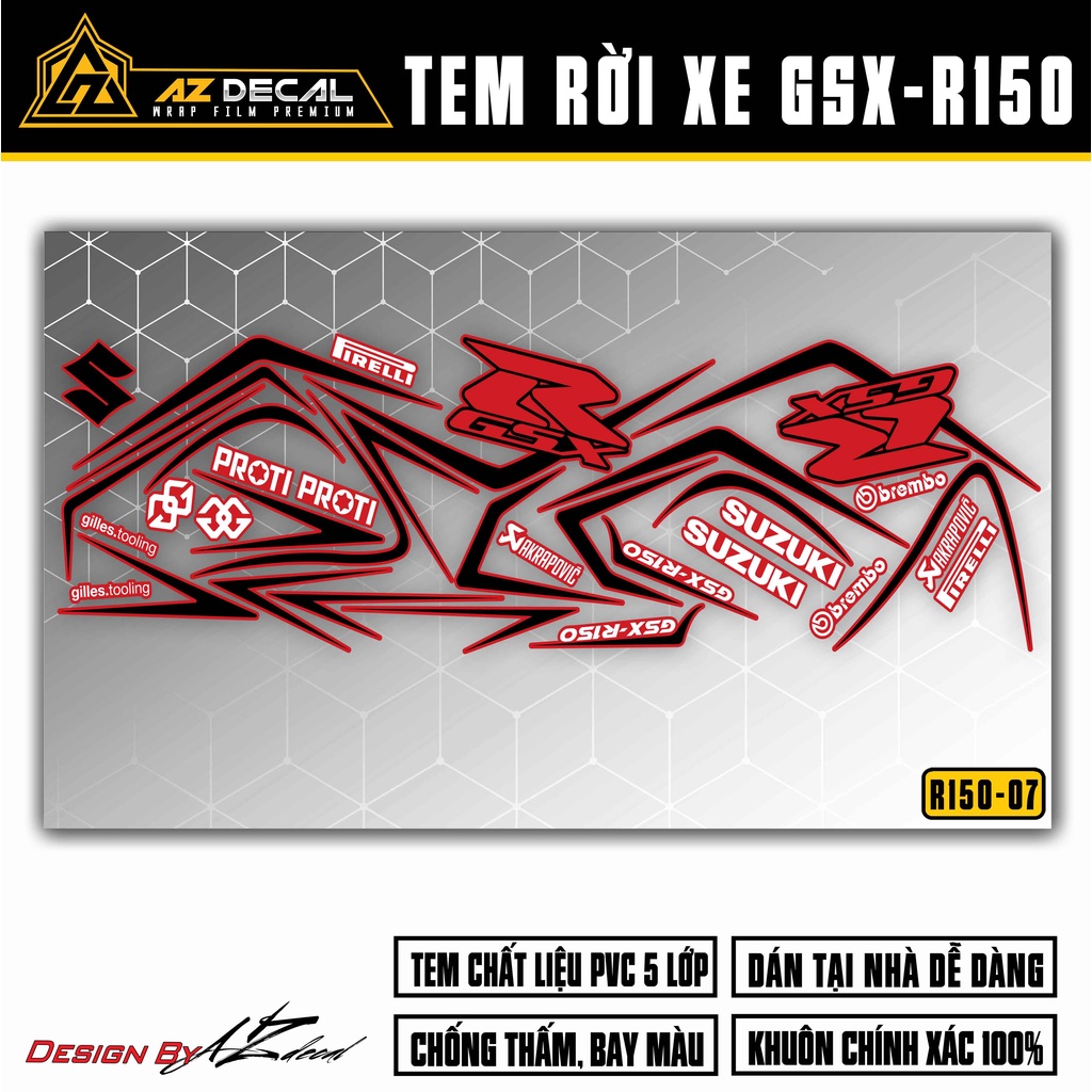 Tem Rời Dán Xe GSX R150 | GSX R150-07 | Decal Chỉ Chống Nước, Cắt Rời Dễ Dán Áp Dụng Xe Sơn Đỏ, Xanh, Đen, Trắng