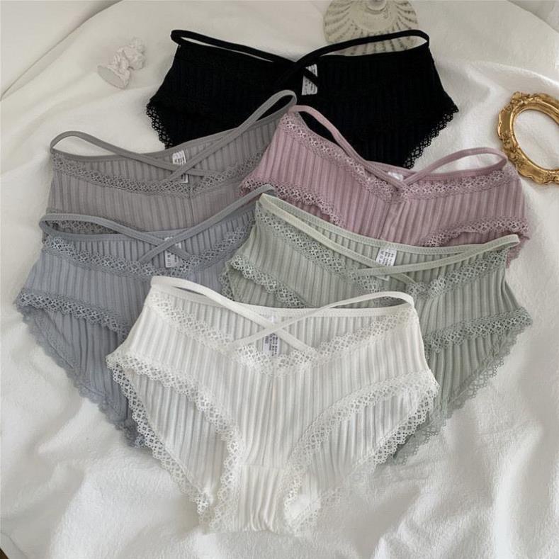 Quần Lót Nữ Cotton Gân Tăm Viền Ren Dây Chéo Sexy 027 - LADY