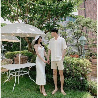Áo Váy đôi 🌼FREESHIP🌼 Áo đôi nam nữ váy 2 dây và sơ mi màu trắng dễ thương chụp ảnh đi biển