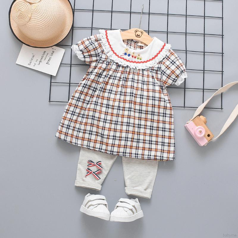 Set đầm ngắn tay cổ tròn ca rô + quần lửng đáng yêu cho bé gái