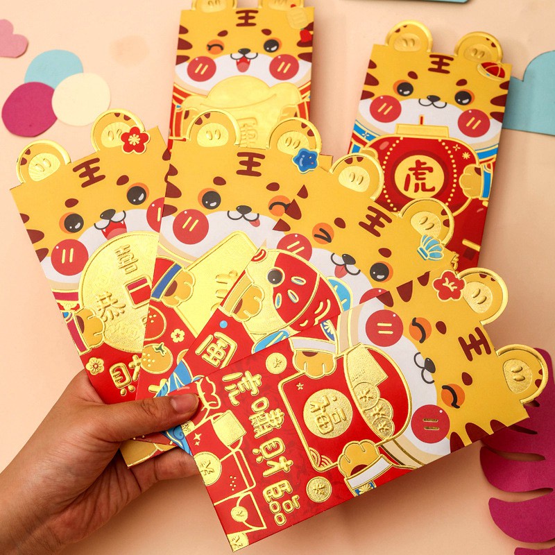Set 6 bao lì xì hình hổ hoạt hình năm mới 2022