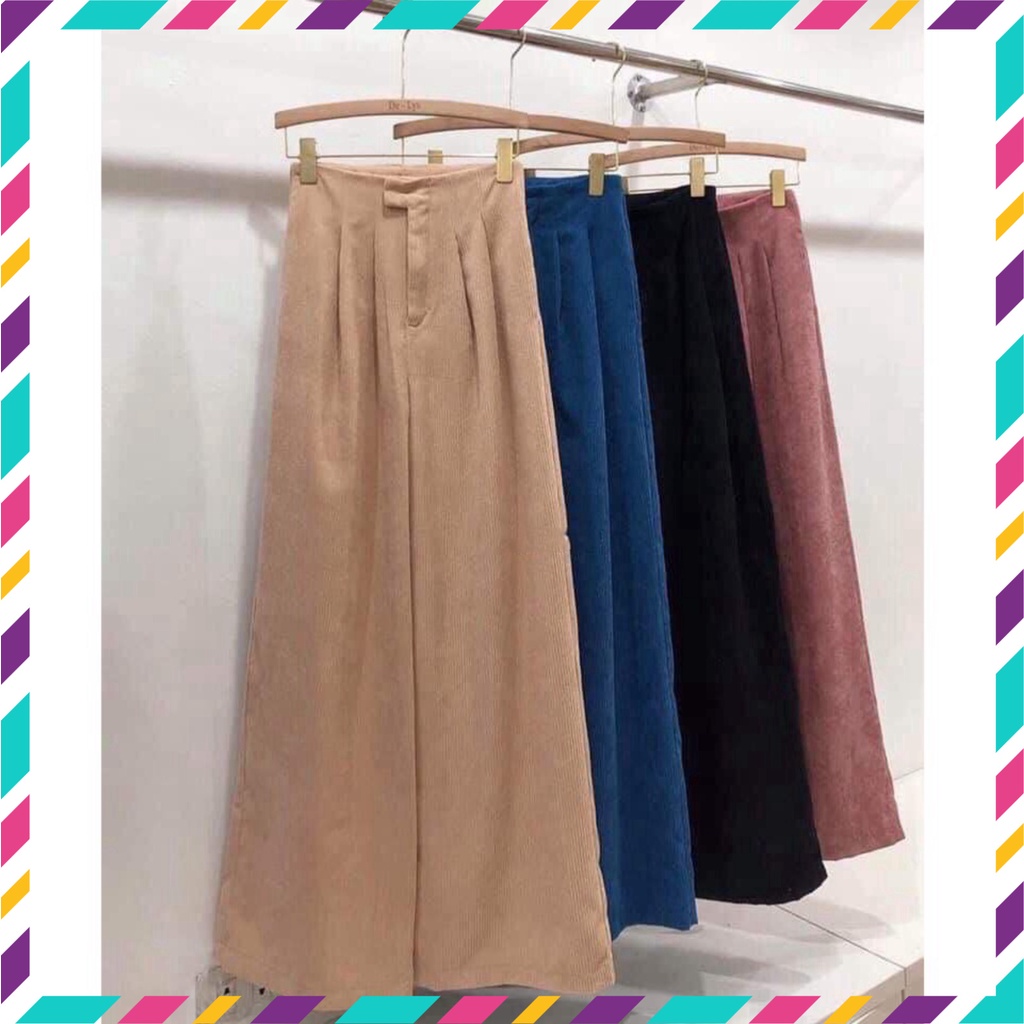 Quần ống rộng chất nhung tăm mịn có khóa kéo THUS, Culottes suông nữ cạp thun dài 100cm