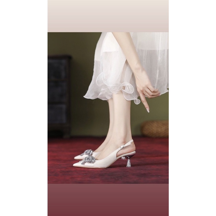 Giày cao gót đi tiệc giày slingback nơ lụa đính đá sang trọng, gót thiết kế lạ mắt hàng fullbox