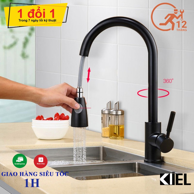 Vòi rửa bát nano đen có dây rút nóng lạnh 2 chế độ rửa inox 304 hàng chính hãng bảo hành 12 tháng