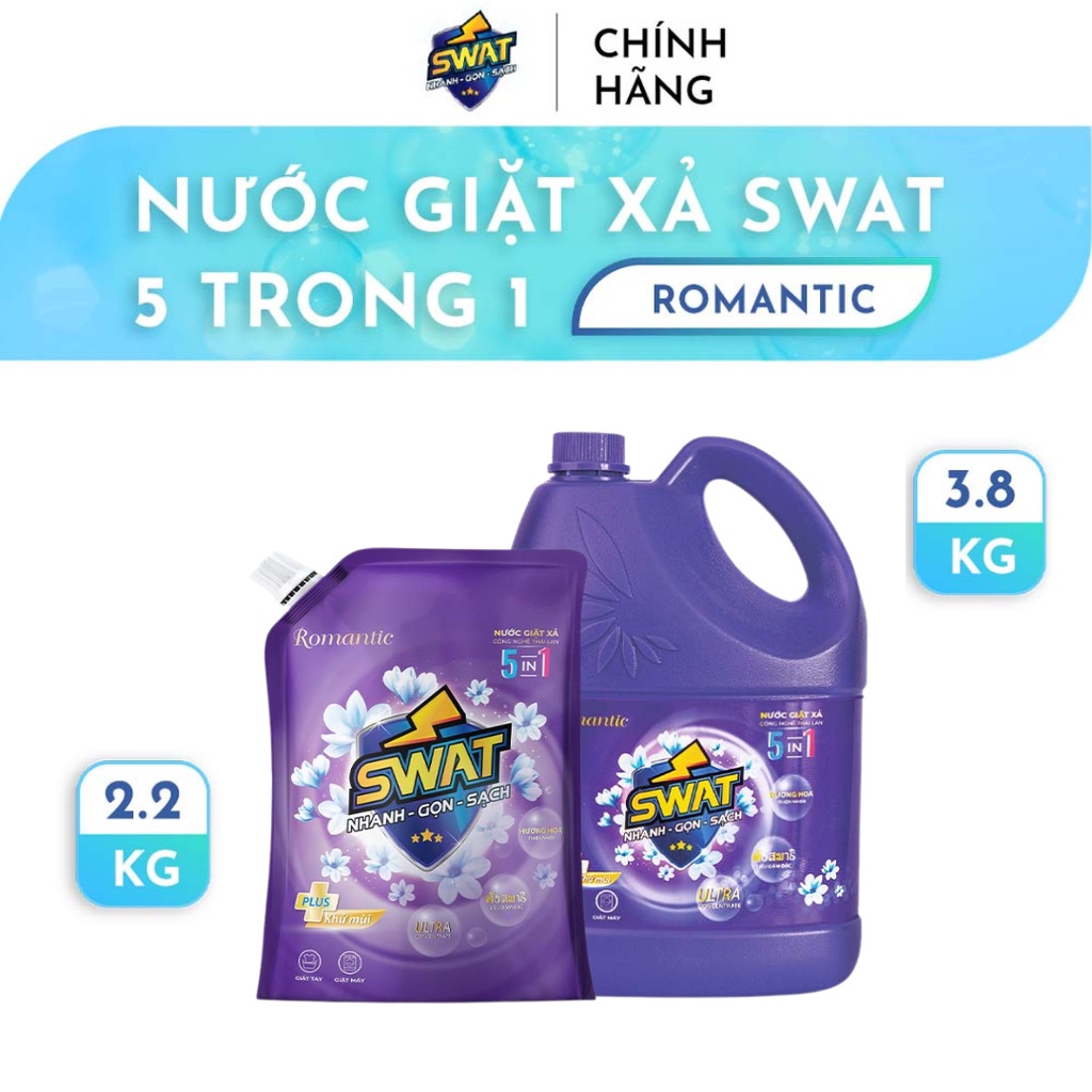 Combo 1 can 3.8kg và 1 túi 2.2kg nước giặt xả 5 in 1 SWAT hương Romantic tiện dụng, giúp diệt khuẩn, lưu hương lâu