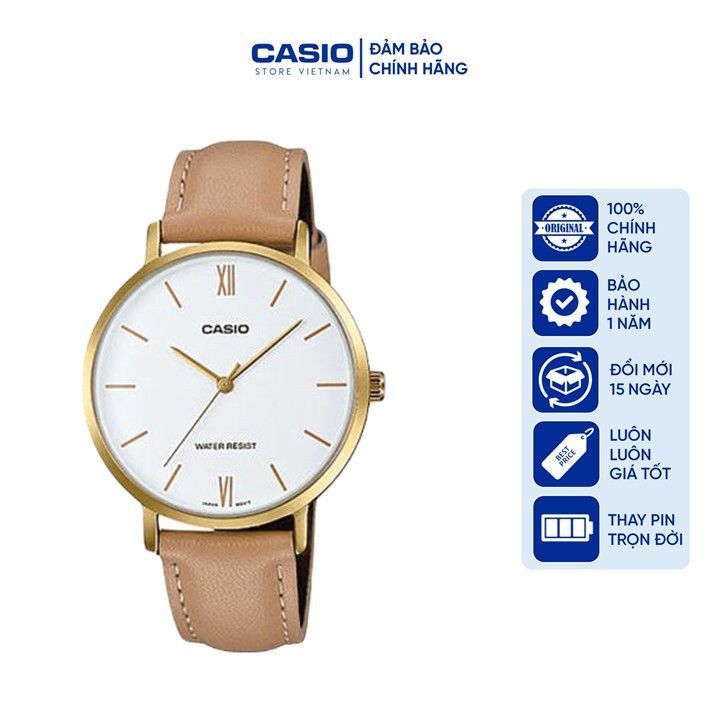 Đồng hồ Nữ Casio LTP-VT01GL-7B, đồng hồ chính hãng, dây da be mặt trắng, viền vàng
