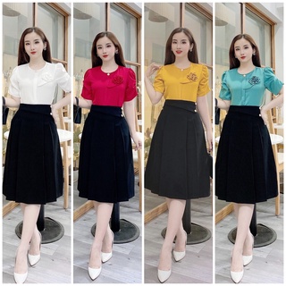 Sét đồ sang chảnh mùa hè, Áo lụa cổ tròn tay rút + Chân váy xòe xếp ly cực xinh tôn dáng cho các nàng công sở