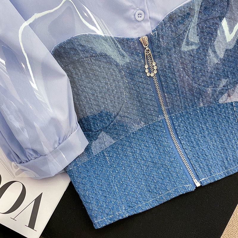Áo Sơ Mi Tay Ngắn Dáng Ôm Phối Vải denim Thời Trang Mùa Hè Cho Nữ