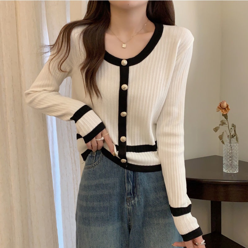 Áo Sweater Tay Dài Cổ Tròn Phối Màu Tương Phản Trẻ Trung Phong Cách Hàn Quốc