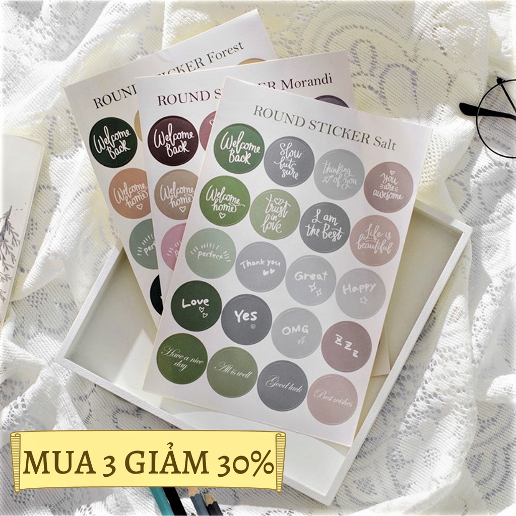 Sticker tròn in chữ viết phong cách Calligraphy, nhãn dán nhiều màu sắc pastel dễ thương trang trí thiệp, sổ tay
