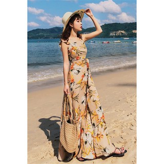 [HOT]Đầm maxi hoa cột eo xẻ tà[HIT]