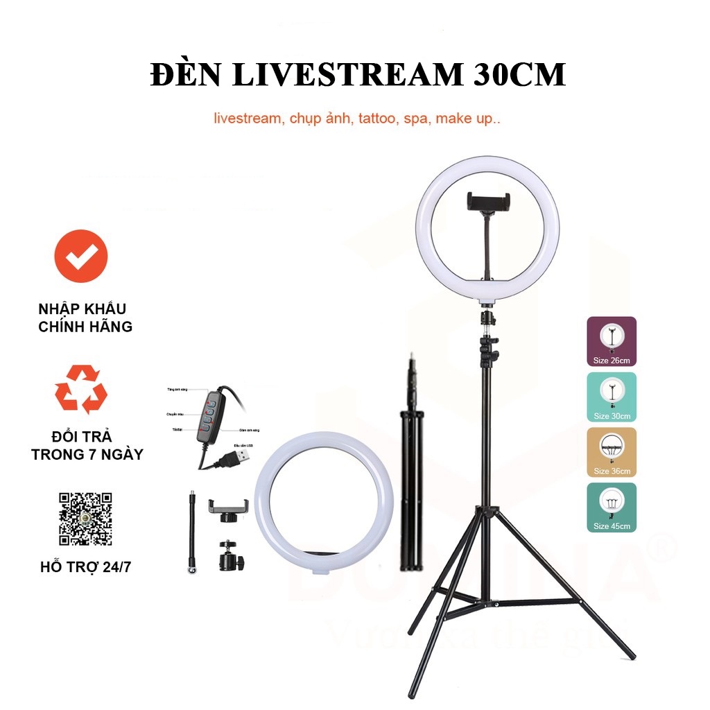 Đèn livestream giá rẻ 30cm và chân 2m1 hỗ trợ chụp ảnh, bán hàng, make up thay đổi chế độ sáng- Chính Hãng HD DESIGN