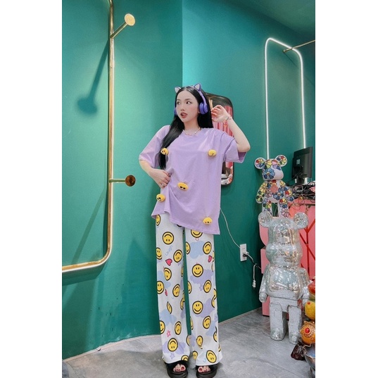 Set áo cotton đính mặt cười quần suông gân R6