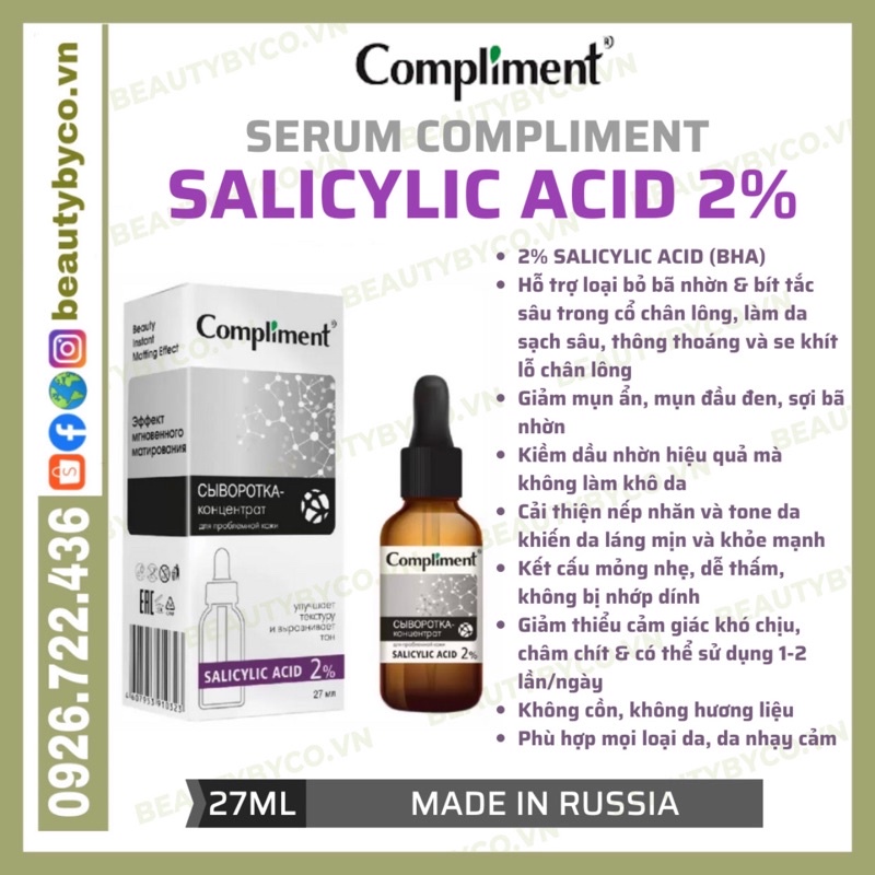 Serum Compliment 2% BHA làm sạch sâu, giảm mụn, se lỗ chân lông, kiềm dầu