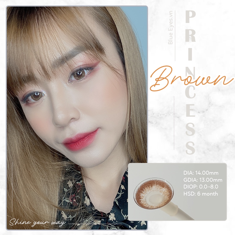 Lens nâu tự nhiên, Kính áp tròng màu nâu sẫm tự nhiên PRINCESS BROWN, Lens  giãn tròng nhẹ 14.0 MM,  lens dùng 6 tháng.