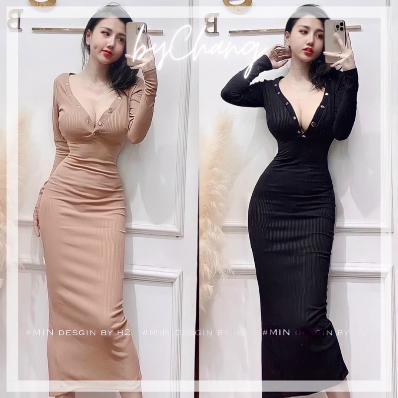 [HÌNH THẬT] Đầm Body Maxi Gân Nút Bấm Tay Dài Xịn Mịn byChang