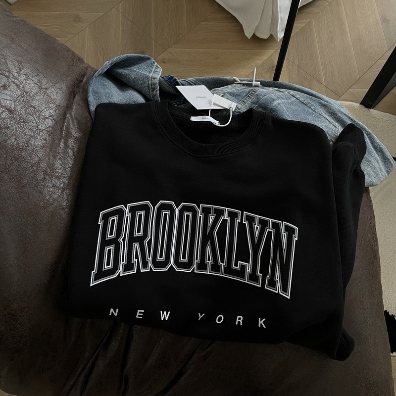 Áo Nỉ Sweater Cotton Oversize Dày Dặn Xanh Rêu Vintage Chữ BROOKLYN 𝘽𝙮.𝘾𝙖𝙢𝙘𝙖𝙢