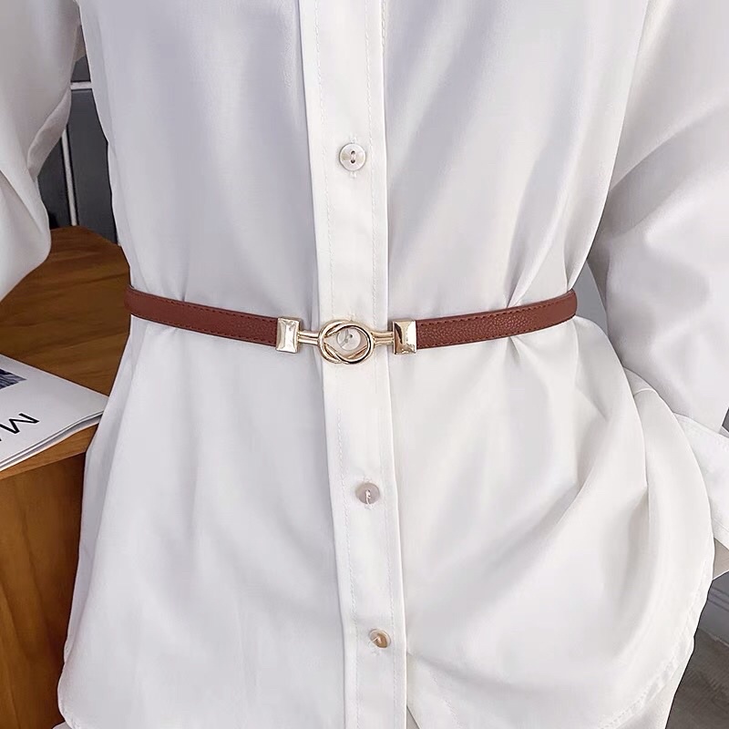 Thắt lưng dây nịt nữ bản nhỏ 1cm da PU khóa móc chữ giọt nước mạ màu vàng hồng đai buộc áo váy len khoác dạ rút eo 2 bên