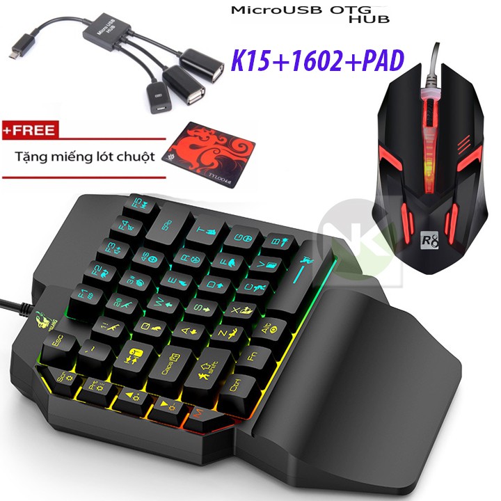 Combo Bộ Bàn Phím Giả Cơ 1 Tay FREE WOLF K15 + Chuột LED Nhiều Màu + Cổng OTG "MICRO"  ( Tặng Thêm Lót Chuột ) - NK