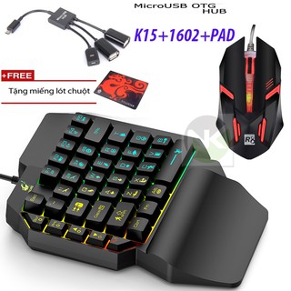 Combo Bộ Bàn Phím Giả Cơ 1 Tay FREE WOLF K15 + Chuột LED Nhiều Màu + Cổng OTG "MICRO"  ( Tặng Thêm Lót Chuột ) - NK
