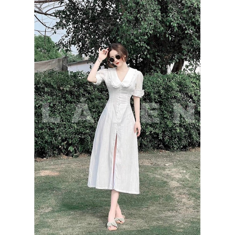 Đầm midi dáng dài xẻ tà cổ bèo tiểu thư dễ thương có 2 màu trắng, cam