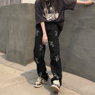 Quần Jeans đen dài dáng rộng in hình chữ thập đính đá phong cách đường phố Retro cho nam và nữ