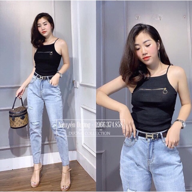 Áo thun kiểu hai dây phối dây kéo ở ngực, có thể kéo kín hoặc hở tùy ý