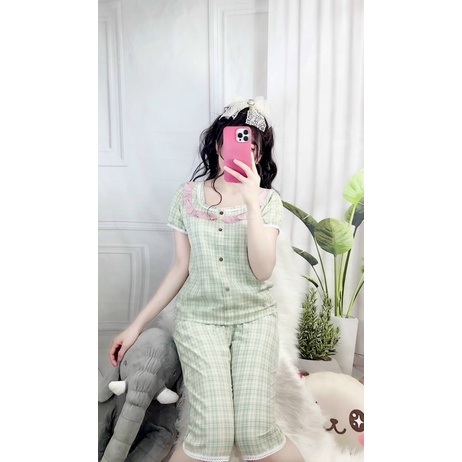 Đồ bộ lửng ngố mặc nhà mẫu kẻ chất đũi hàn mát đồ ngủ xinh