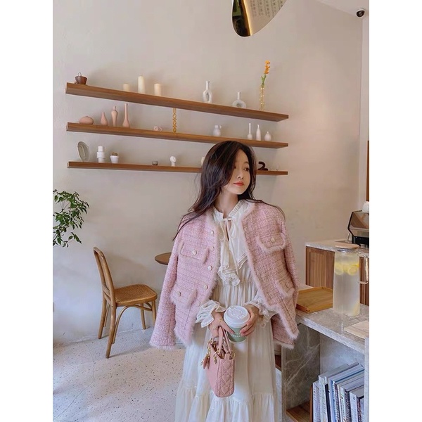 Váy trắng tay bồng dáng dài/ áo khoác dạ tweed màu Hồng tiểu thư xinh xắn dành cho nữ