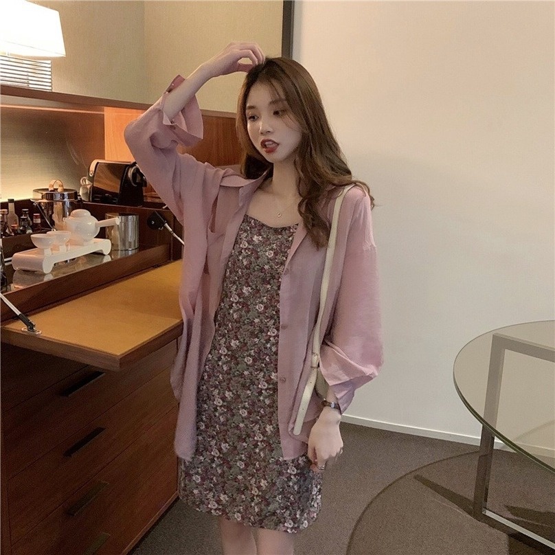 GENAISHA Set Đầm Hai Dây Họa Tiết Hoa + Áo Khoác Chống Nắng Dáng Ôm Thời Trang Hàn Quốc Cho Nữ