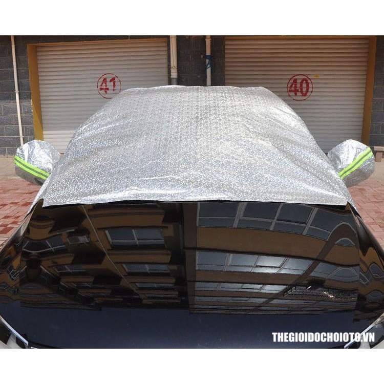 Bạt phủ che nắng BẢO VỆ GƯƠNG TRÁNG BẠC kín đầu xe kính lái, nửa nóc xe hơi ô tô loại DẦY có lớp bông chống nóng