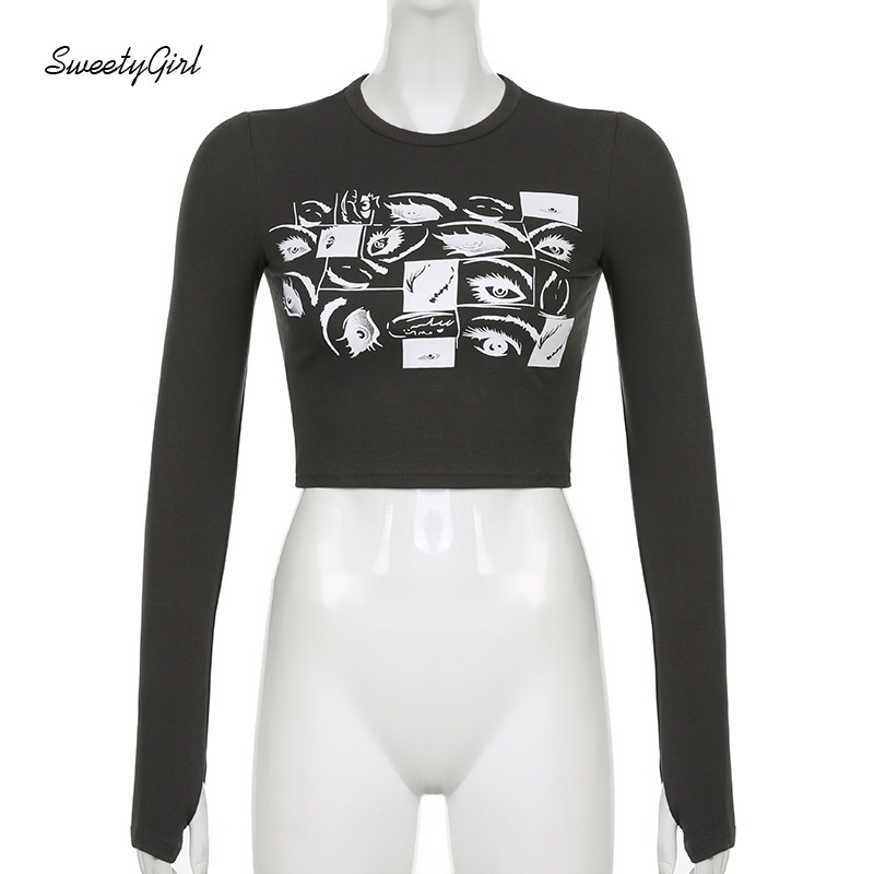 Áo Thun Tay Dài Cổ Tròn In Hình Đôi Mắt Hoạt Hình Dành Cho Nữ