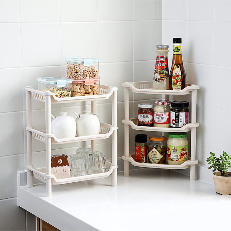 Kệ phòng tắm 3 tầng chữ nhật - Kệ gia vị nhà bếp 3 tầng để chén bát đa năng, màu Trắng / Be