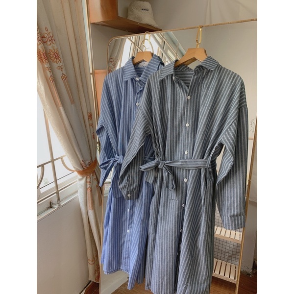 [Ảnh thật/Video]Váy kẻ dáng suông dài tay kèm đai mặc được hai kiểu Đầm kẻ basic Hàn Quốc