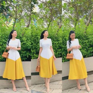 Đầm xòe form dài phối màu nhúng eo
