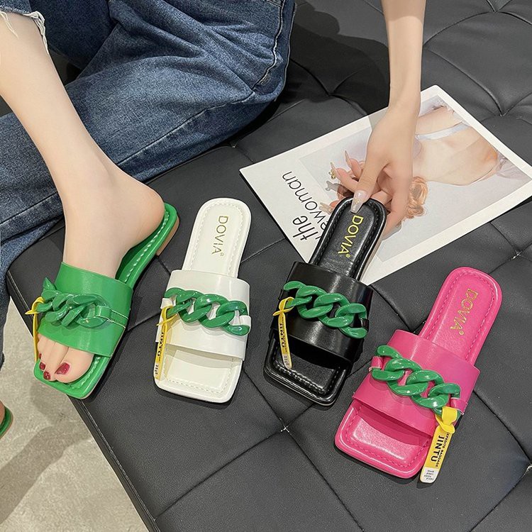 [ Mã 66CBSALE giảm 30K đơn 200K] Ulzzang Fashion Square Chain Flat Sandals Outwear Slipper Women Shoes | BigBuy360 - bigbuy360.vn