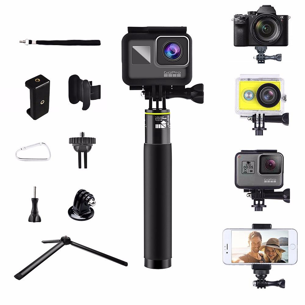 Bộ gậy chụp hình selfie một chân kiêm giá ba chân kéo dài điều chỉnh kèm đầu lắp cho GoPro Hero 7 6 5 4 DJI OSMO đen