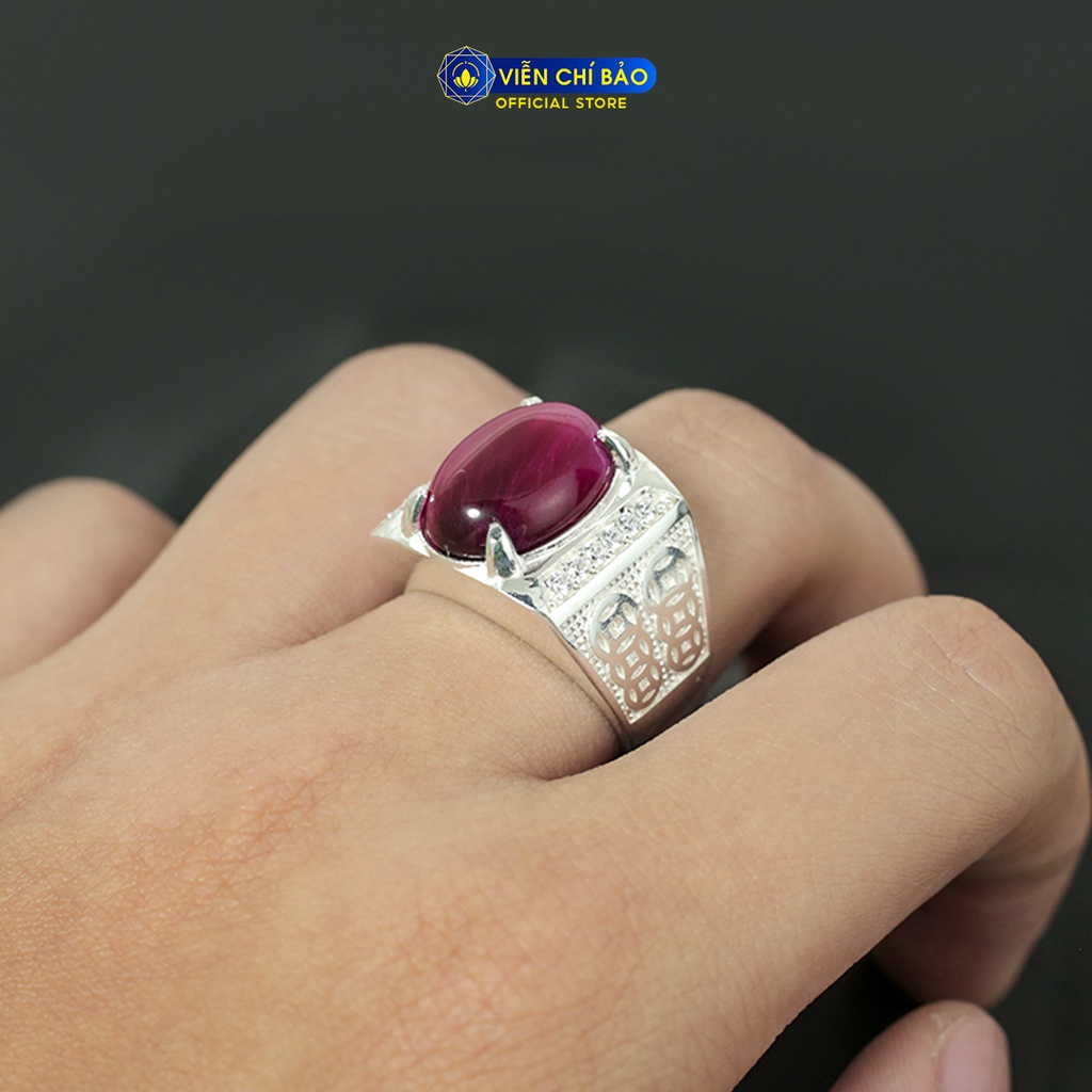 Nhẫn nam đá mắt hổ hồng kim tiền chất liệu bạc 925 thời trang phụ kiện trang sức nam Viễn Chí Bảo N300713