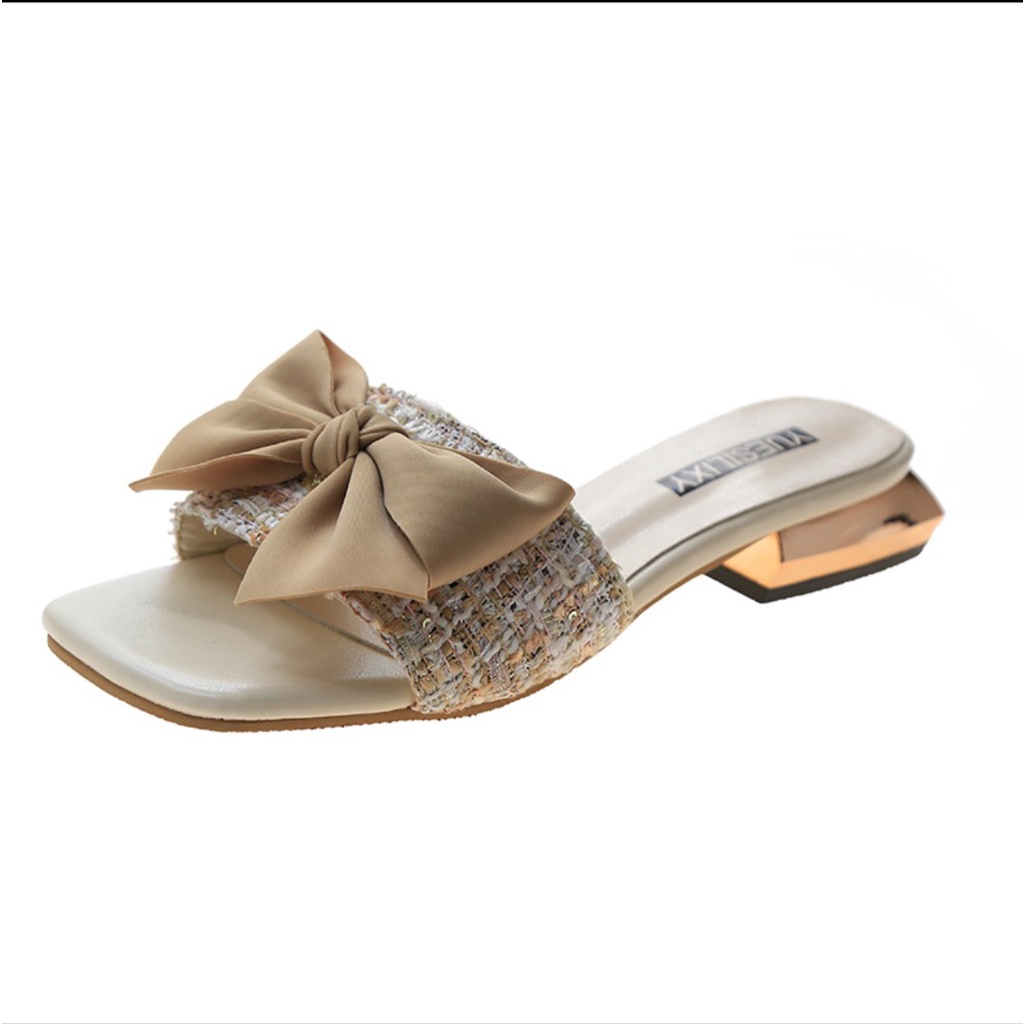 Dép/Sandal quai ngang lấp lánh, nơ mềm, đến vuông mạ vàng xinh xắn sang chảnh, đế 3cm - 1000025