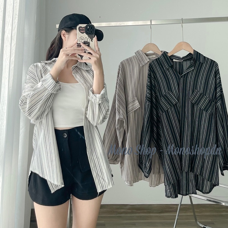 Áo sơ mi kẻ sọc dọc phom to dễ mặc Ảnh thật/ sẵn