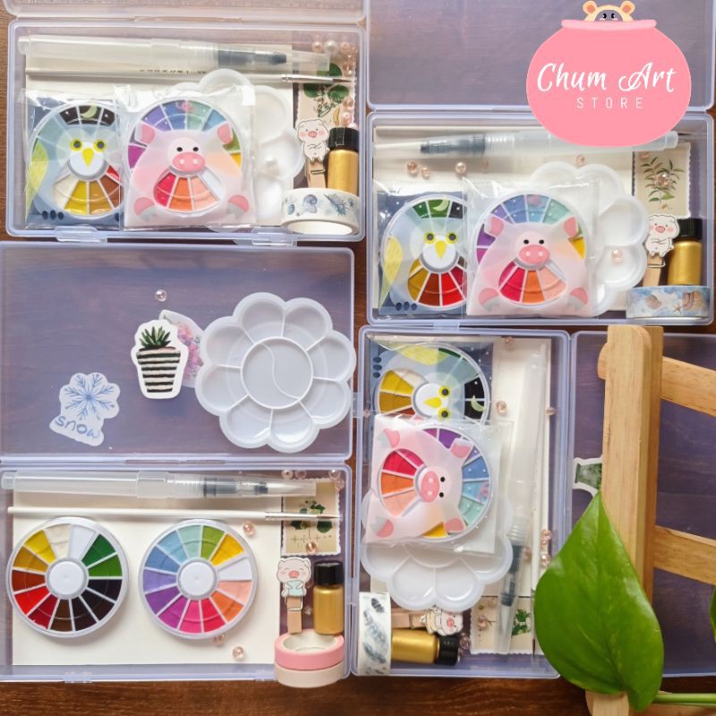 Chum art Combo hộp đầy đủ hoạ phẩm vẽ màu nước cho người mới tập, bộ màu nước