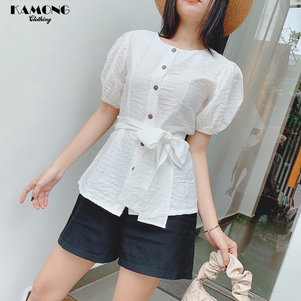 Áo kiểu tay phồng thắt nơ eo KAMONG A045