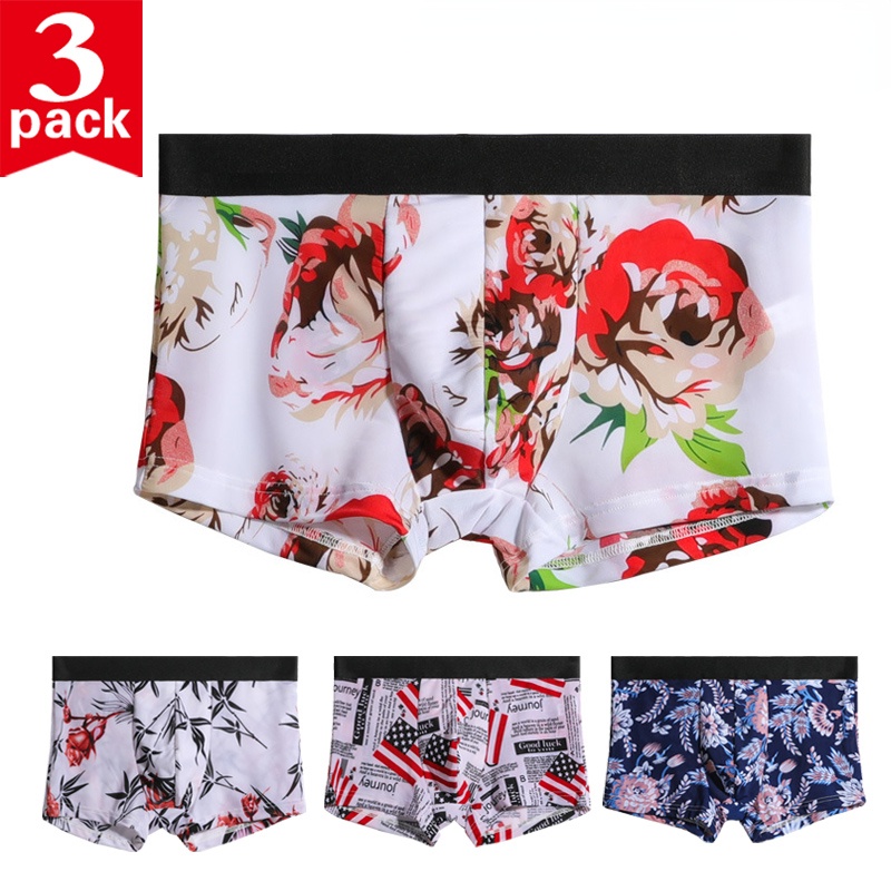 Bộ 3 Quần Lót Boxer Vải Lụa Lạnh Mỏng Thoáng Khí Thoải Mái In Họa Tiết Độc Đáo 232