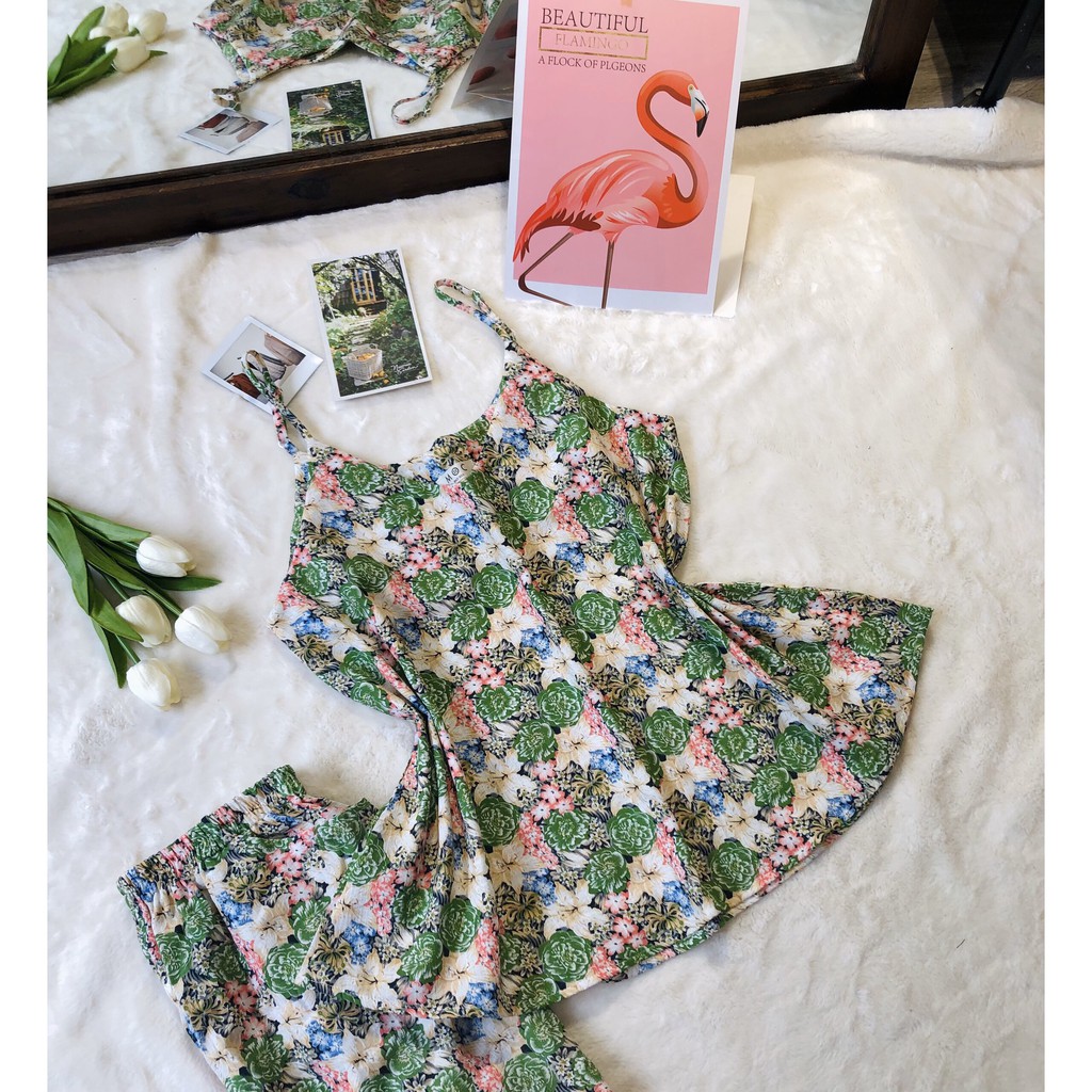 Set áo dây + quần short mặc nhà họa tiết hoa lá