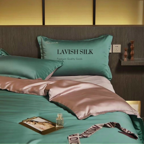 Mix Color Trọn Bộ Chăn Ga Gối Phi Lụa Xanh Matcha Phối Hồng Phấn Lavish Silk Cao Cấp - CG014